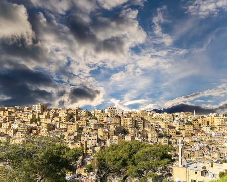 Amman city landmarks-- old roman Citadel Hill, Jordan. Against the background of a beautiful sky with cloudsの写真素材