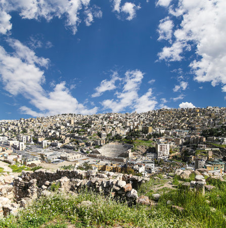 Amman city landmarks-- old roman Citadel Hill, Jordan. Against the background of a beautiful sky with cloudsの写真素材