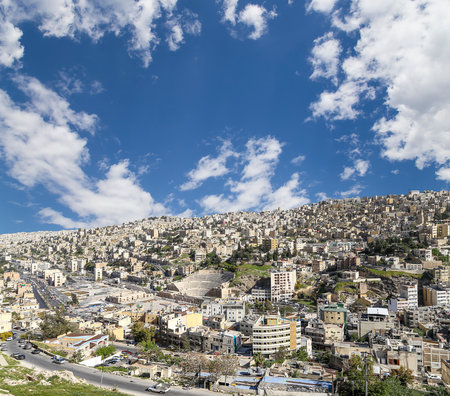 Amman city landmarks-- old roman Citadel Hill, Jordan. Against the background of a beautiful sky with cloudsの写真素材