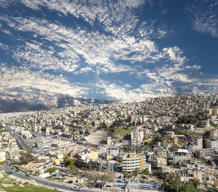 Amman city landmarks-- old roman Citadel Hill, Jordan. Against the background of a beautiful sky with cloudsの写真素材
