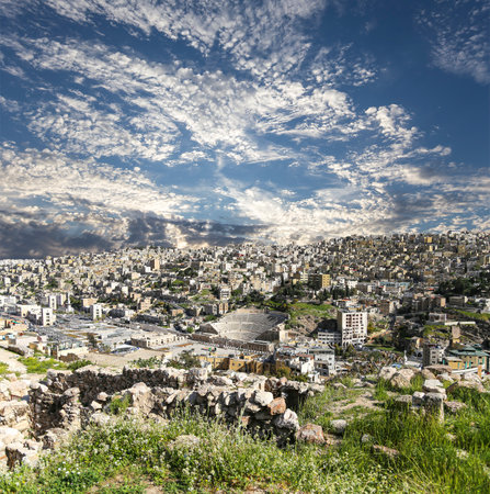 Amman city landmarks-- old roman Citadel Hill, Jordan. Against the background of a beautiful sky with cloudsの写真素材