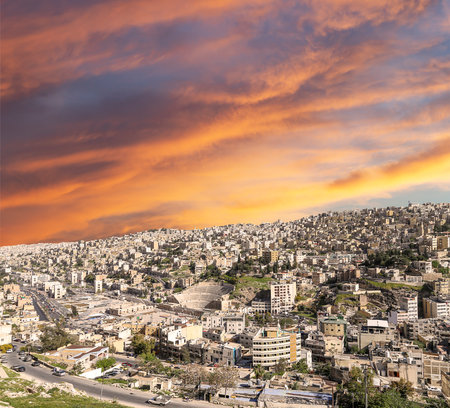 Amman city landmarks-- old roman Citadel Hill, Jordan. Against the background of a beautiful sky with cloudsの写真素材