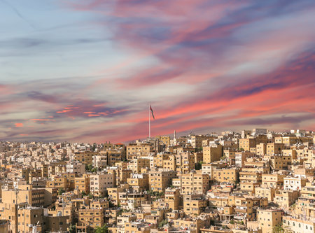 Amman city landmarks-- old roman Citadel Hill, Jordan. Against the background of a beautiful sky with cloudsの写真素材