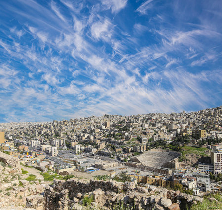 Amman city landmarks-- old roman Citadel Hill, Jordan. Against the background of a beautiful sky with cloudsの写真素材