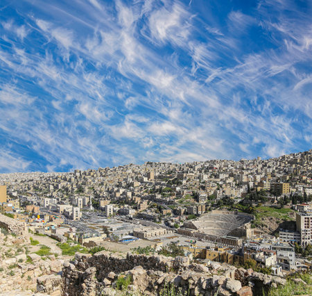 Amman city landmarks-- old roman Citadel Hill, Jordan. Against the background of a beautiful sky...