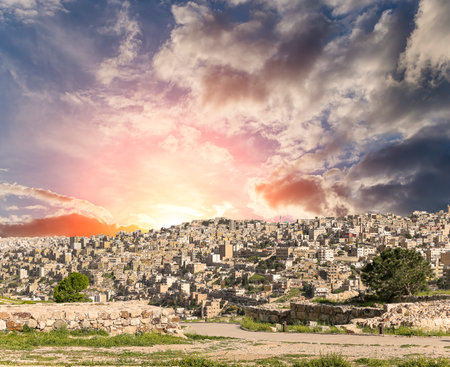 Amman city landmarks-- old roman Citadel Hill, Jordan. Against the background of a beautiful sky with cloudsの写真素材