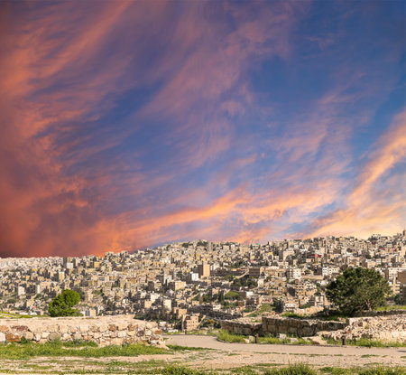 Amman city landmarks-- old roman Citadel Hill, Jordan. Against the background of a beautiful sky with cloudsの写真素材