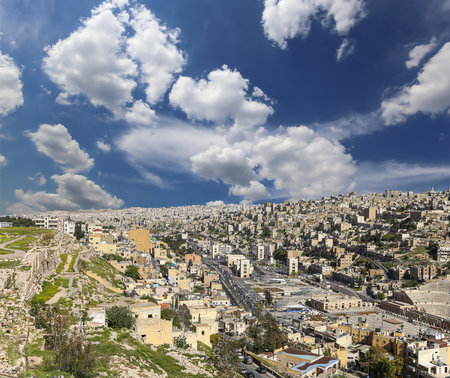 Amman city landmarks-- old roman Citadel Hill, Jordan. Against the background of a beautiful sky with cloudsの写真素材