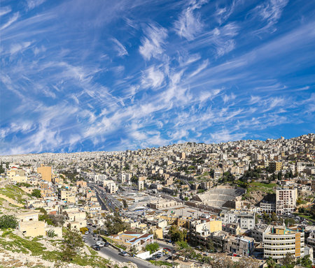 Amman city landmarks-- old roman Citadel Hill, Jordan. Against the background of a beautiful sky with cloudsの写真素材