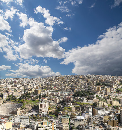 Amman city landmarks-- old roman Citadel Hill, Jordan. Against the background of a beautiful sky with cloudsの写真素材