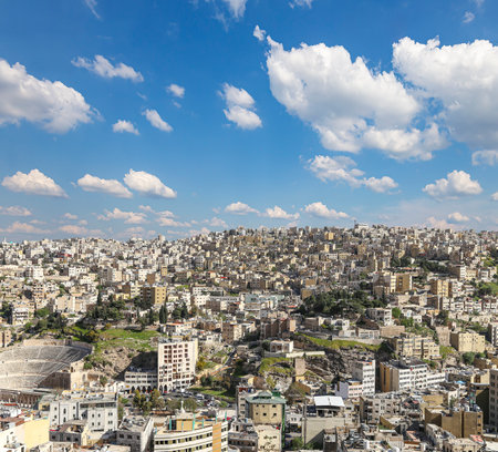 Amman city landmarks-- old roman Citadel Hill, Jordan. Against the background of a beautiful sky with cloudsの写真素材