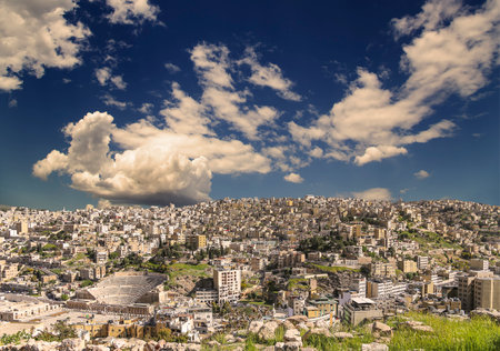 Amman city landmarks-- old roman Citadel Hill, Jordan. Against the background of a beautiful sky with cloudsの写真素材