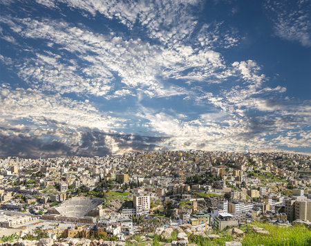 Amman city landmarks-- old roman Citadel Hill, Jordan. Against the background of a beautiful sky with cloudsの写真素材