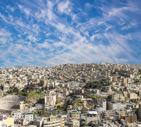Amman city landmarks-- old roman Citadel Hill, Jordan. Against the background of a beautiful sky with cloudsの写真素材