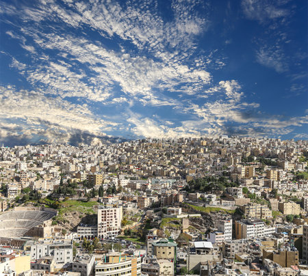 Amman city landmarks-- old roman Citadel Hill, Jordan. Against the background of a beautiful sky with cloudsの写真素材