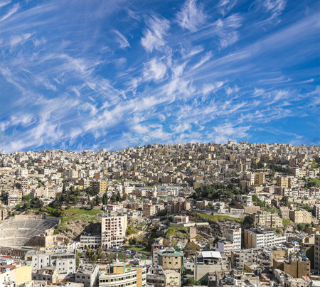 Amman city landmarks-- old roman Citadel Hill, Jordan. Against the background of a beautiful sky with cloudsの写真素材