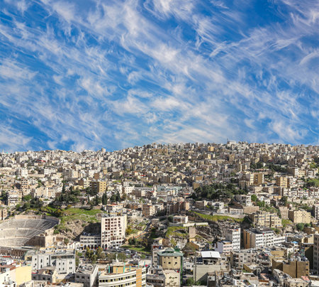 Amman city landmarks-- old roman Citadel Hill, Jordan. Against the background of a beautiful sky with cloudsの写真素材