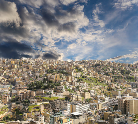 Amman city landmarks-- old roman Citadel Hill, Jordan. Against the background of a beautiful sky with cloudsの写真素材