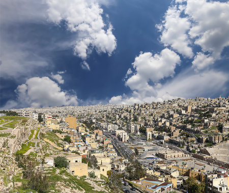 Amman city landmarks-- old roman Citadel Hill, Jordan. Against the background of a beautiful sky with cloudsの写真素材