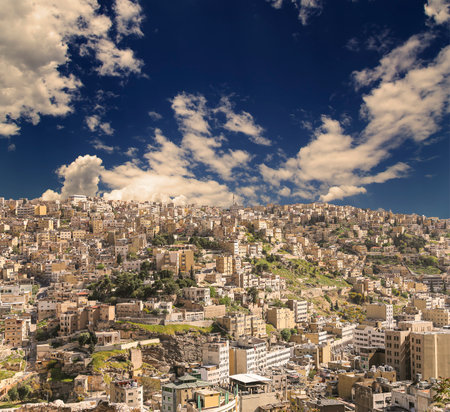 Amman city landmarks-- old roman Citadel Hill, Jordan. Against the background of a beautiful sky with cloudsの写真素材