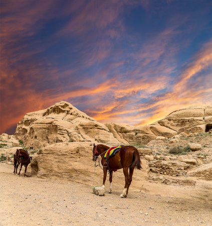 Mountains of Petra (against the background of a beautiful sky with clouds), Jordan, Middle East. Petra has been a UNESCO World Heritage Site since 1985の写真素材