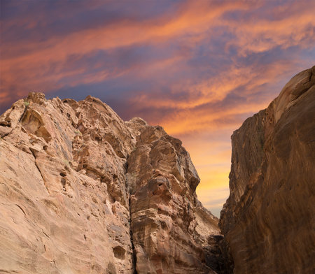 Mountains of Petra (against the background of a beautiful sky with clouds), Jordan, Middle East. Petra has been a UNESCO World Heritage Site since 1985の写真素材