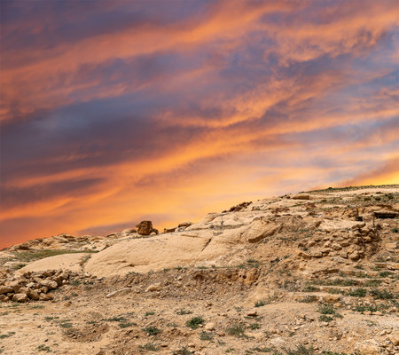 Mountains of Petra (against the background of a beautiful sky with clouds), Jordan, Middle East. Petra has been a UNESCO World Heritage Site since 1985の写真素材