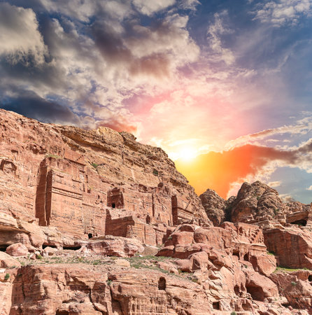Mountains of Petra (against the background of a beautiful sky with clouds), Jordan, Middle East. Petra has been a UNESCO World Heritage Site since 1985の写真素材