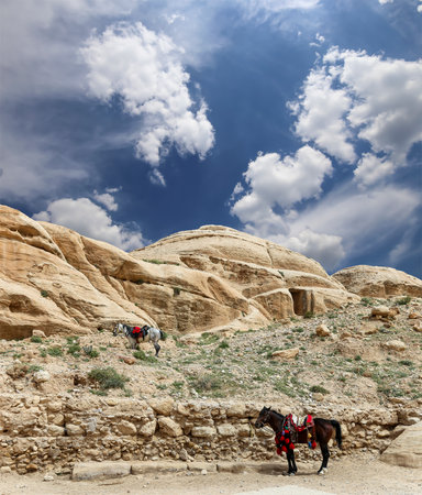 Mountains of Petra (against the background of a beautiful sky with clouds), Jordan, Middle East. Petra has been a UNESCO World Heritage Site since 1985の写真素材