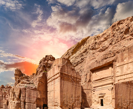 Mountains of Petra (against the background of a beautiful sky with clouds), Jordan, Middle East. Petra has been a UNESCO World Heritage Site since 1985の写真素材
