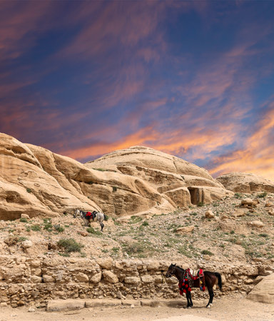 Mountains of Petra (against the background of a beautiful sky with clouds), Jordan, Middle East. Petra has been a UNESCO World Heritage Site since 1985の写真素材