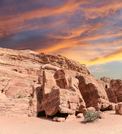Mountains of Petra (against the background of a beautiful sky with clouds), Jordan, Middle East. Petra has been a UNESCO World Heritage Site since 1985の写真素材