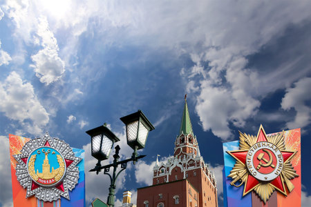 Moscow Kremlin--Victory Day celebration (WWII), Russia-- the most popular view. Against the sky with...