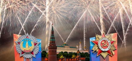 Moscow Kremlin (with orders of victory) and fireworks in honor of Victory Day celebration (WWII), Russia-- the most popular view. English translation from Russian: USSR, Victory, Patriotic warの写真素材