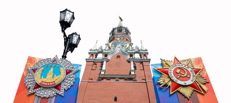 Moscow Kremlin--Victory Day celebration (WWII), Russia-- the most popular view. Carved on white background. English translation from Russian: USSR, Victory, Patriotic warの写真素材