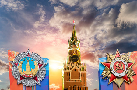 Moscow Kremlin--Victory Day celebration, Russia-- the most popular view. Against the sky with clouds. English translation from Russian: USSR, Victory, Patriotic warの写真素材