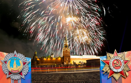 Moscow Kremlin and fireworks in honor of Victory Day celebration (WWII), Russia-- the most popular view.の写真素材