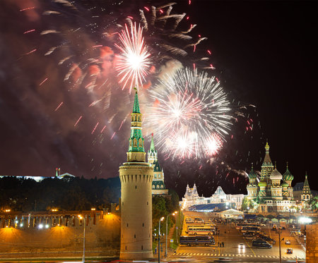 Moscow Kremlin and fireworks in honor of Victory Day celebration (WWII), Moscow, Russia-- the most...