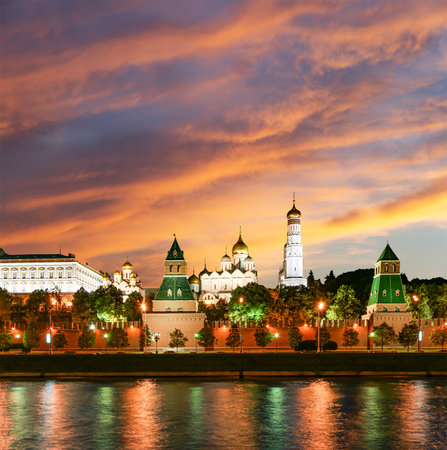 Night view of the Moskva River and Kremlin, Russia, Moscow (most popular view). Against the background of a beautiful sky with cloudsの写真素材