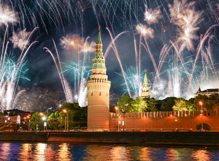 Moscow Kremlin and fireworks in honor of Victory Day celebration (WWII), Moscow, Russia-- the most popular view of Moscowの写真素材