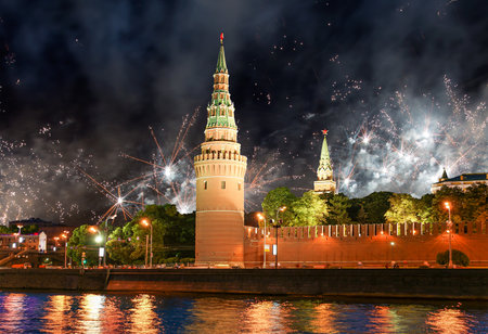 Moscow Kremlin and fireworks in honor of Victory Day celebration (WWII), Moscow, Russia-- the most popular view of Moscowの写真素材