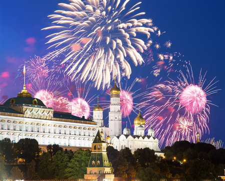 Moscow Kremlin and fireworks in honor of Victory Day celebration (WWII), Moscow, Russia-- the most popular view of Moscowの写真素材