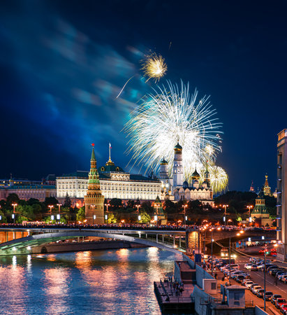 Moscow Kremlin and fireworks in honor of Victory Day celebration (WWII), Moscow, Russia-- the most popular view of Moscowの写真素材