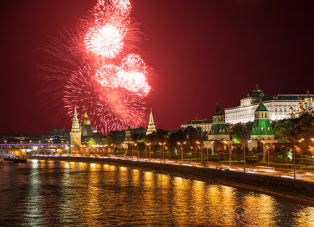 Moscow Kremlin and fireworks in honor of Victory Day celebration (WWII), Moscow, Russia-- the most popular view of Moscowの写真素材