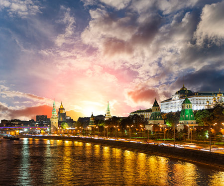 Night view of the Moskva River and Kremlin, Russia, Moscow (most popular view). Against the background of a beautiful sky with cloudsの写真素材