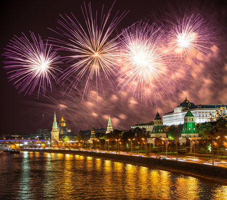 Moscow Kremlin and fireworks in honor of Victory Day celebration (WWII), Moscow, Russia-- the most popular view of Moscowの写真素材