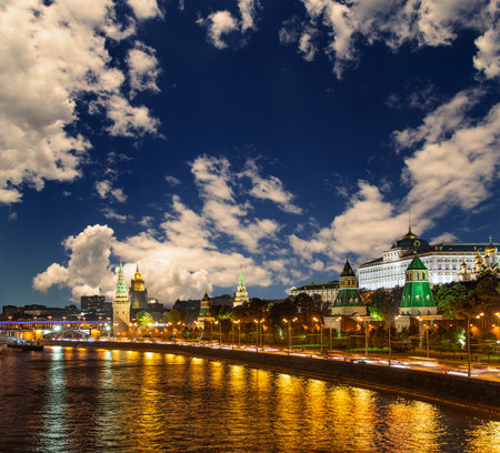 Night view of the Moskva River and Kremlin, Russia, Moscow (most popular view). Against the background of a beautiful sky with cloudsの写真素材