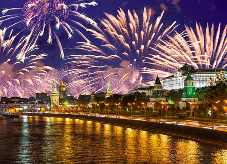 Moscow Kremlin and fireworks in honor of Victory Day celebration (WWII), Moscow, Russia-- the most popular view of Moscowの写真素材