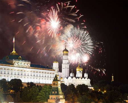 Moscow Kremlin and fireworks in honor of Victory Day celebration (WWII), Moscow, Russia-- the most popular view of Moscowの写真素材