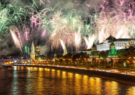 Moscow Kremlin and fireworks in honor of Victory Day celebration (WWII), Moscow, Russia-- the most popular view of Moscowの写真素材